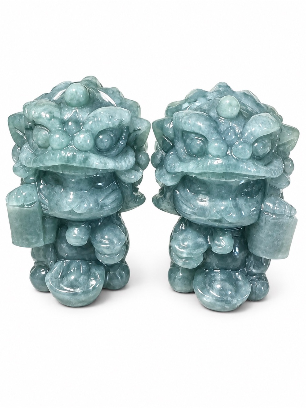 Hand-Carved Green Jade Lucky Cat in Lion Costume